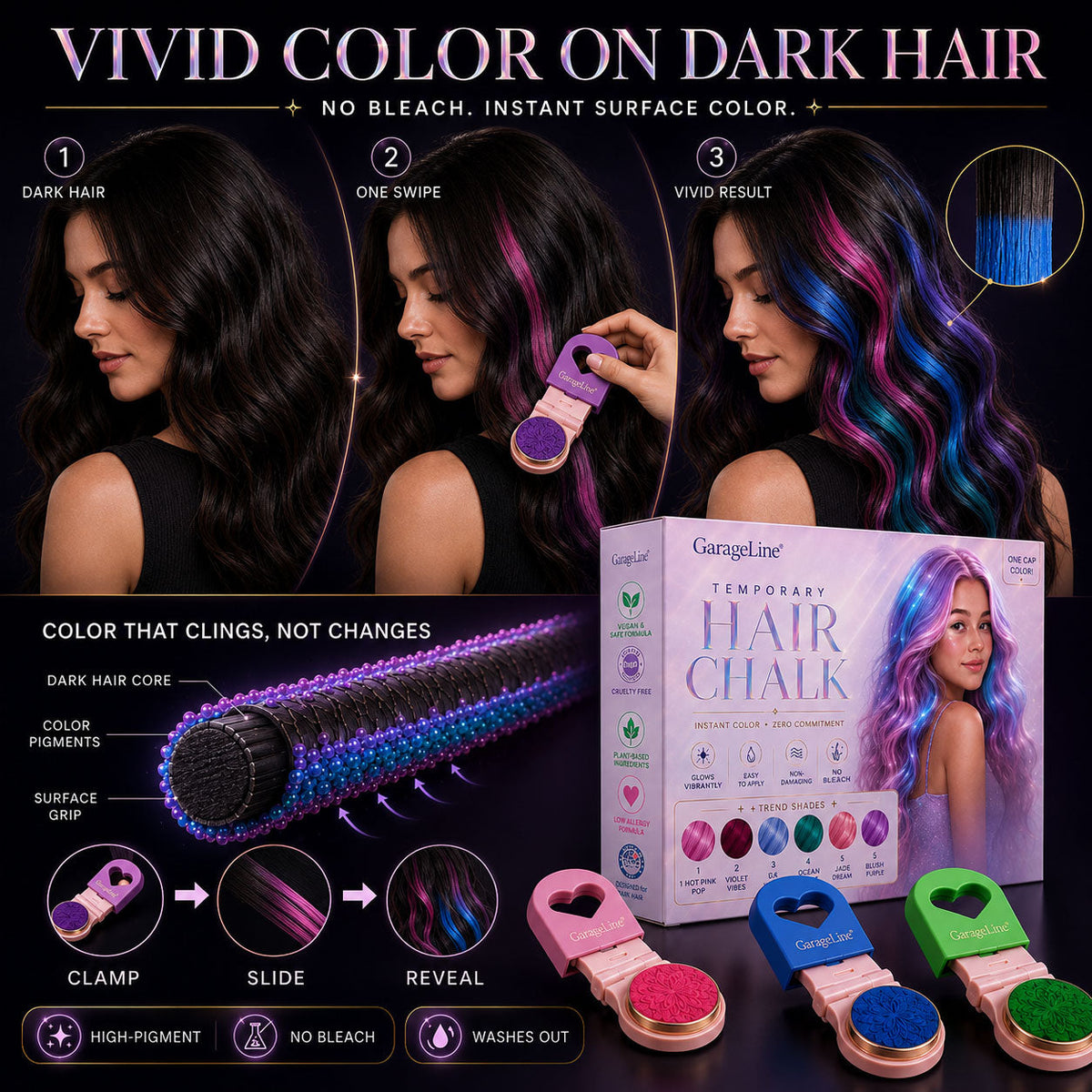 🔥Save 50% Today丨GarageLine® 3-in-1 Luminous Temporary Hair Chalk — Instant Color, Hair Repair & Party-Light Glow🌌