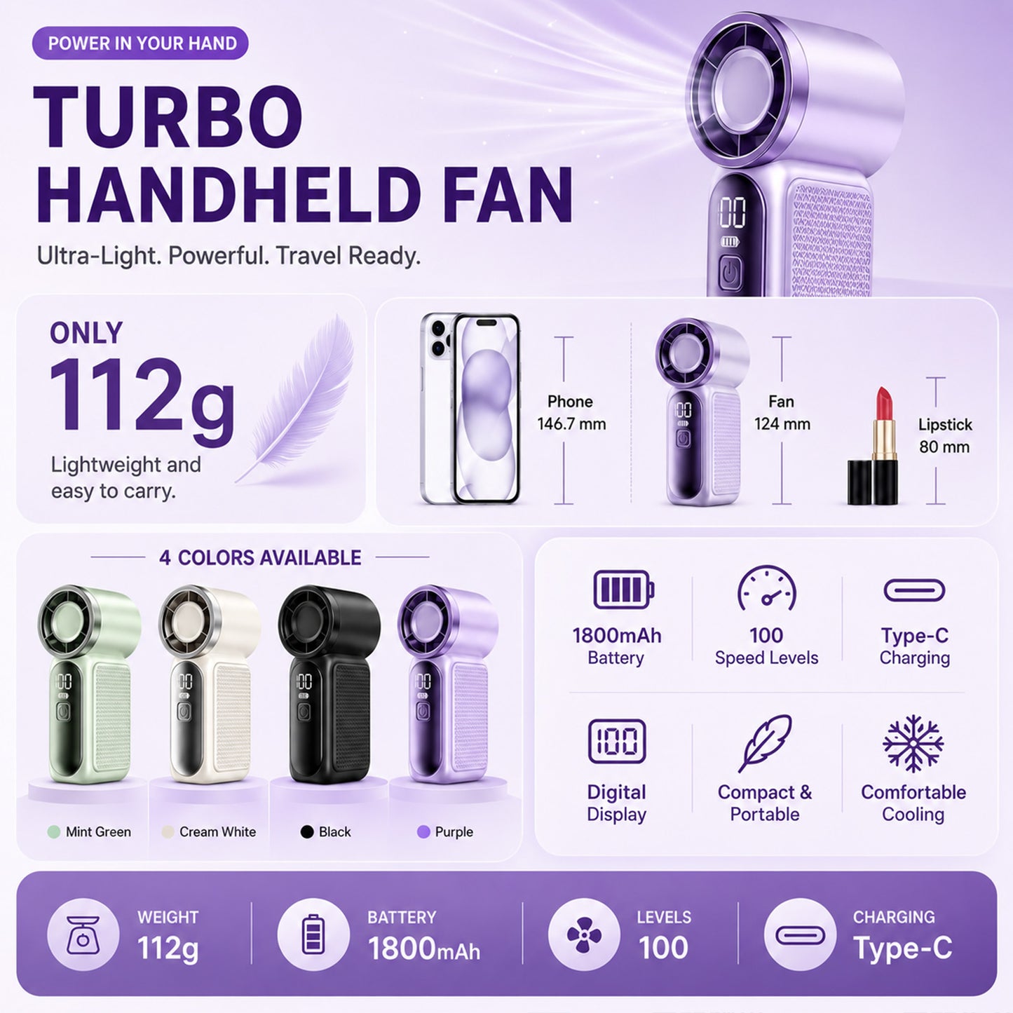 ❄️ Billhol® Pocket Turbo Cooling Fan – 40000RPM Rechargeable Handheld Fan for Summer, Travel & Outdoor Match Days ⚽