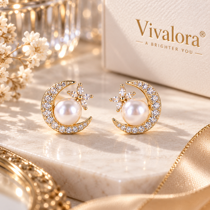 Vivalora® Moon & Pearl Crescent Earrings｜Vivalora®